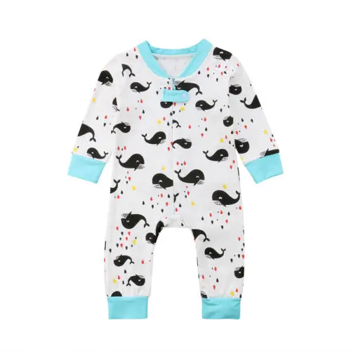 

Newborn Infant Baby Toddlert Boy Girl Cute Whale Long Sleeves Front Hide Zipper Romper Body suit Jumpsuit Outfit Clothes