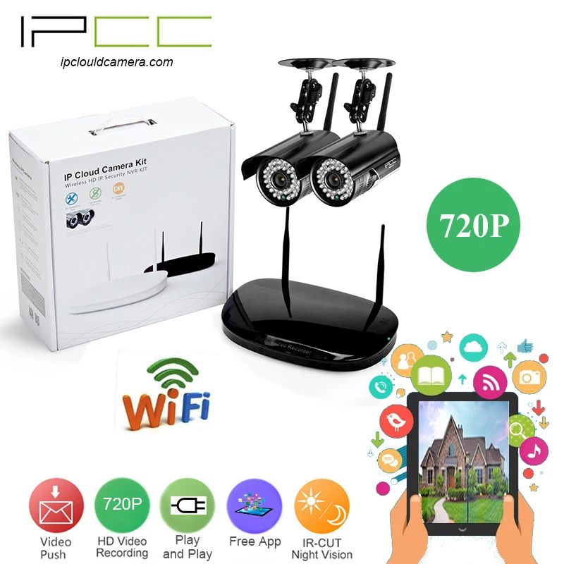  IPCC 2ch 720P HD WiFi NVR Kit Bullet Cameras Outdoor day and Night Vision Support Remote Viewed by IPHONE,Android ,Windows PC 