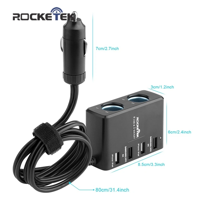 Автомобильное зарядное устройство Rocketek multi usb smart IC 4 USB 6A 2 гнезда прикуривателя аксессуары для телефона samsung Автомобильное зарядное устройство