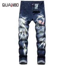 QUANBO, новинка, весна и осень, качественные мужские джинсы, 3D Рисунок, уличная мода, Стрейчевые мужские джинсы, готические, черные, джинсовые брюки, 42