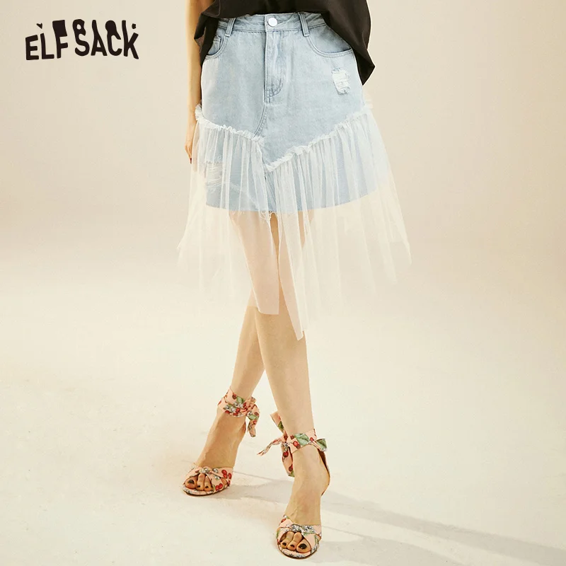 

ELF SACK Sky Blue Mesh Patchwork Women Frayed Denim Skirts Fashion Hole Mid Waist A-Line Female Skirt 2019 Streetwear Clothing