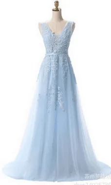 Темно-синие платья для подружки невесты с шлейфом Кружева Вышивка бисером спинки V шеи Дешевые выпускное праздничное платье на заказ сделано Robe De Soiree - Цвет: sky blue