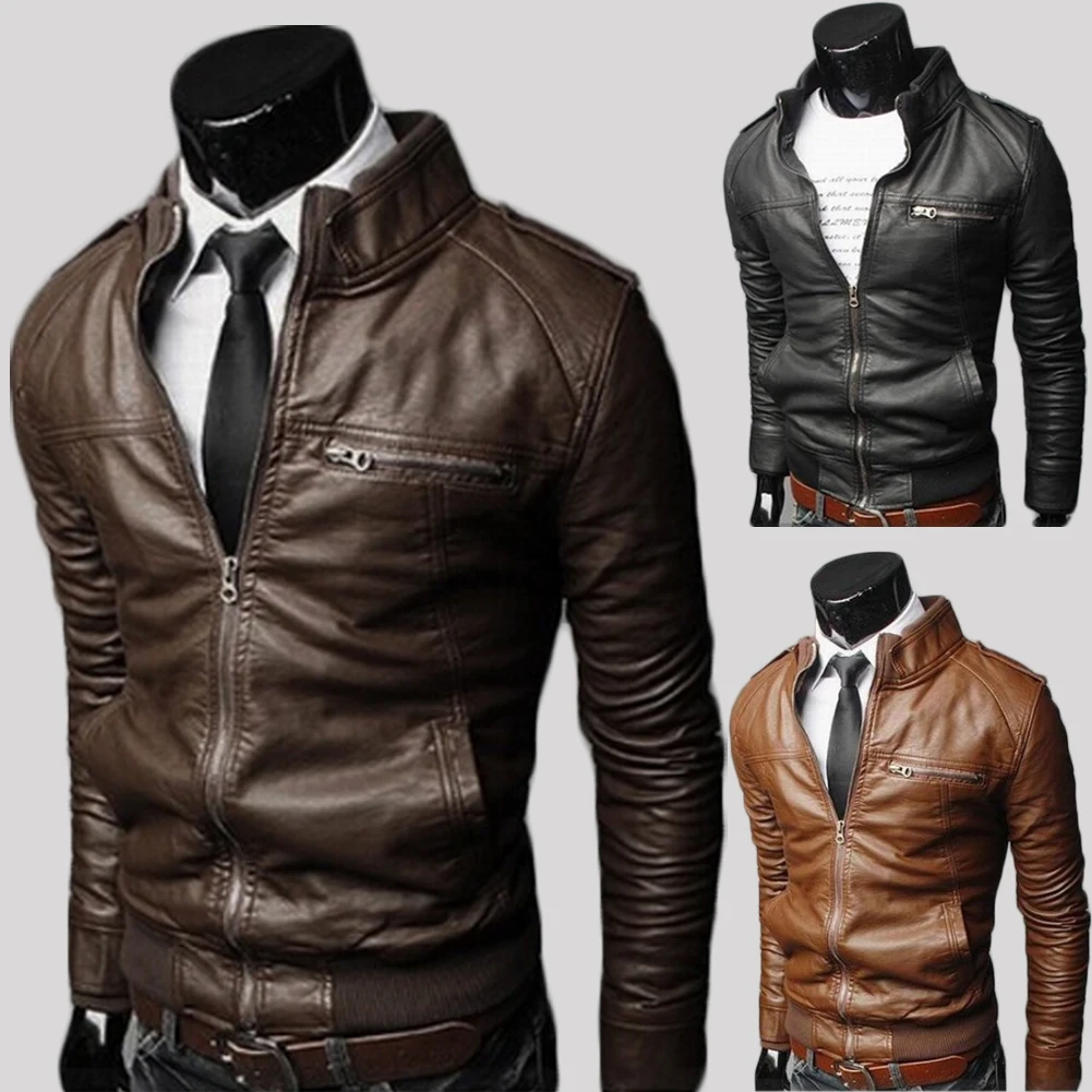 Новинка, брендовая модная повседневная мужская куртка из искусственной кожи, Байкерская приталенная мотоциклетная Черная куртка, пальто