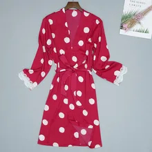 Для женщин пикантные атласные Мода Dot печати кружева пижамы халат ночная рубашка с длинным рукавос летний комплект шифоновое платье комплект 40mi01