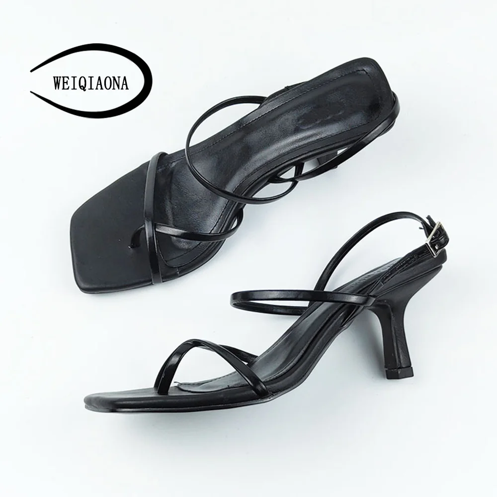 Koop WEIQIAONA Echt Leer vrouwen schoenen Dunne hak Vierkante kop Dunne riem sandalen vrouwen sandalen