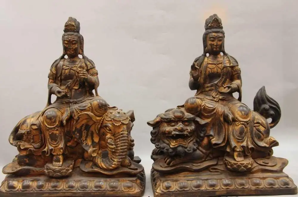 

Tibet Buddhism Bronze Copper Manjusri Foo Dog Lion Samantabhadra Buddha Statue