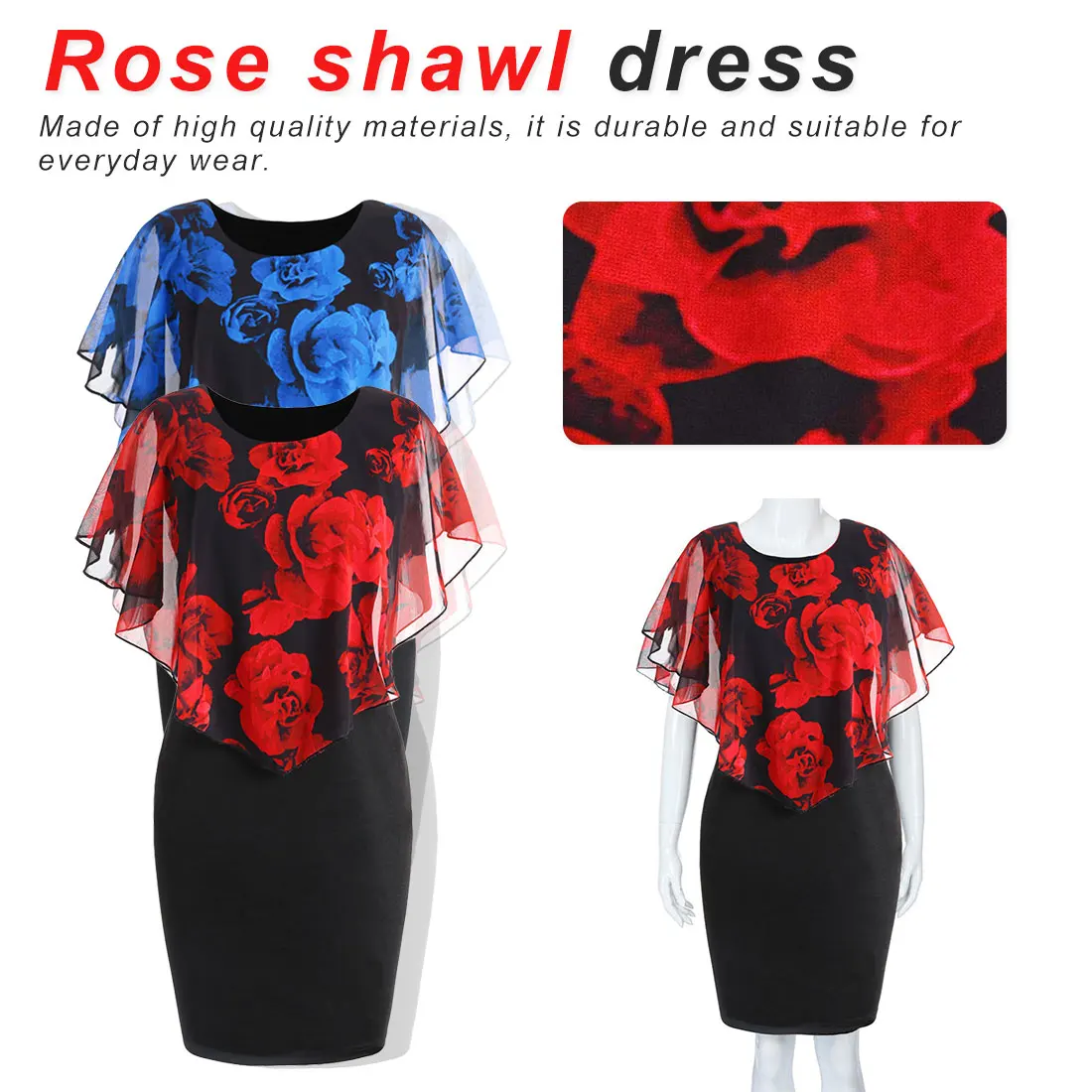 

Rose Valentine Overlay Slimmer Dress Floral Cloak Sleeve Summer Dress Bandage Women Pencil Dress Big Plus Size