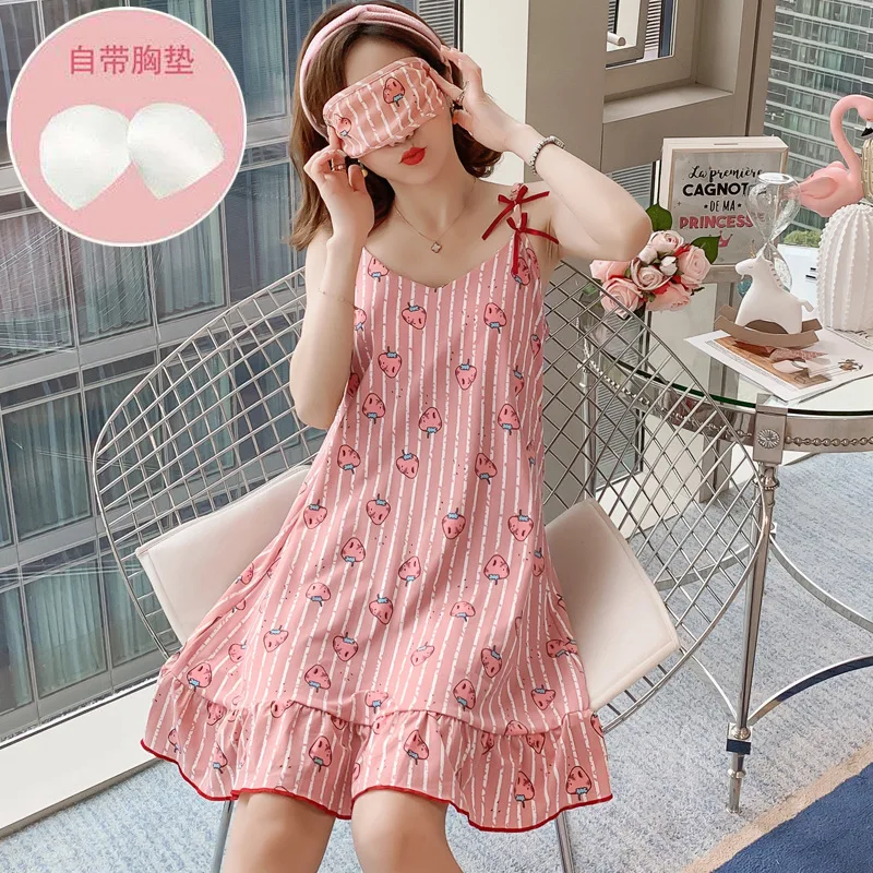 

Summer nightgown ladies with chest strap V collar loose milk silk sexy Korean version of sweet home clothes to send blindfold