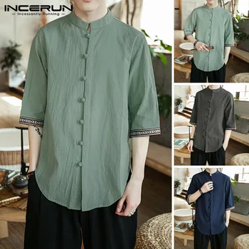 

INCERUN 2019 Men Summer Button Shirt Loose Stand Collar Seven Points Solid Color Shirt New Men's Chinese Style Camisa Masculina