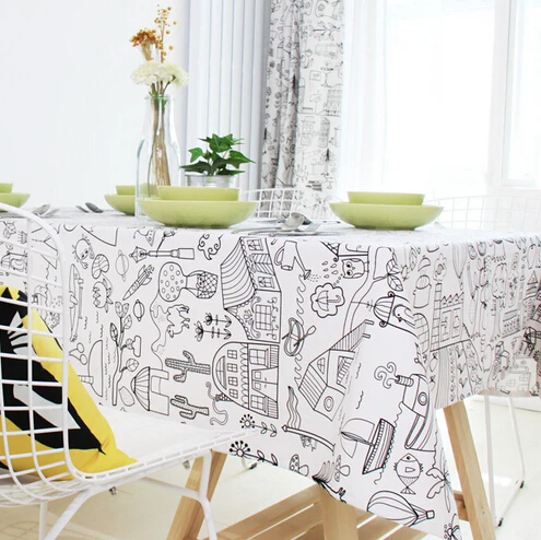 Northern Europe Toalha De Mesa Retangular Black And White Cartoon Northern Europe Toalha De Mesa Retangular Black And White Cartoon Sketch Dining Table Cloth Trendy Home Decor