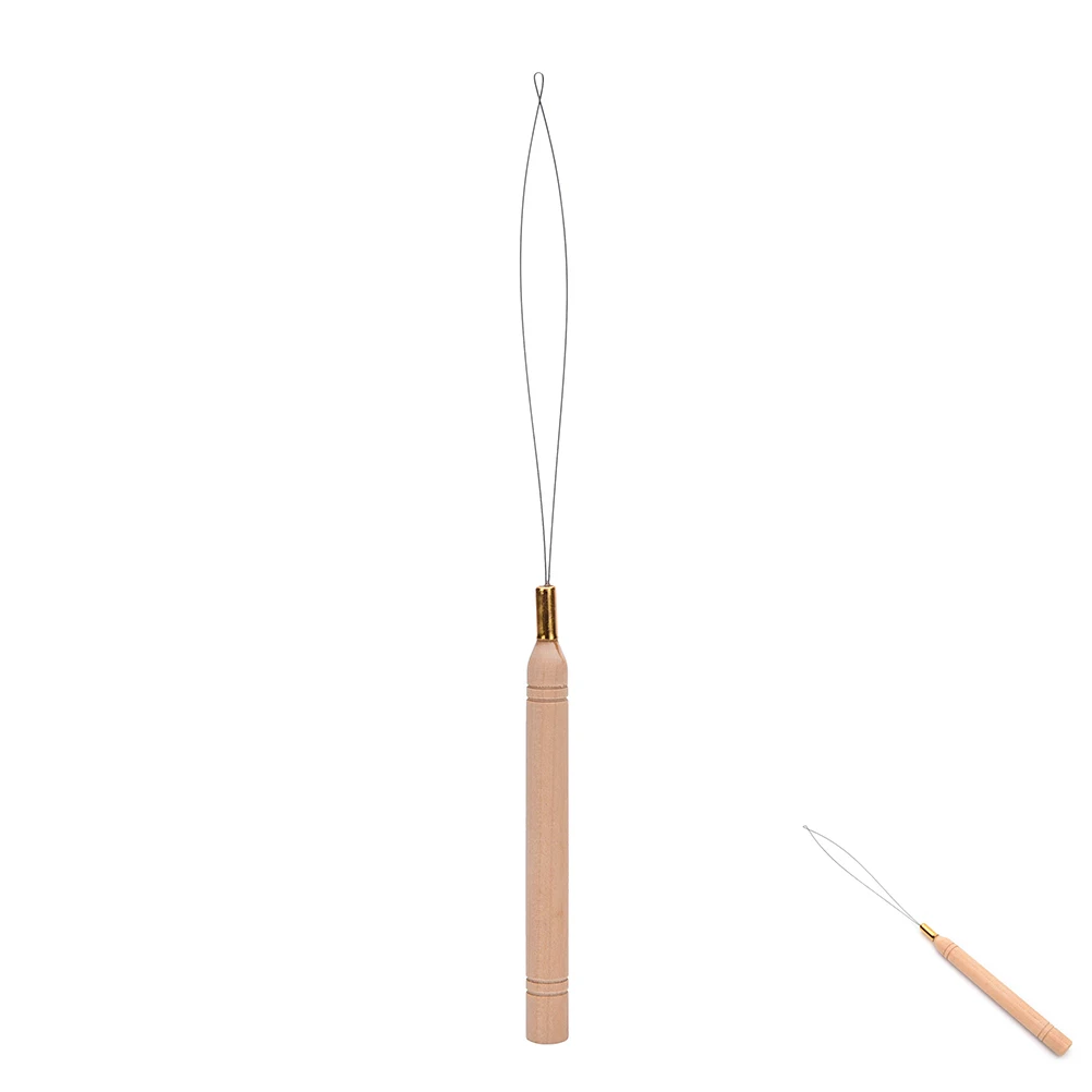 

1PC Needle Threader Micro Rings Beads Loop high quality Wooden Handle Hair Extension Hook Pulling Tool