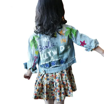 

Girls Denim Jackets And Coats Cartoon Graffiti Print Ripped Teenage Jeans Coats kKids Cardigan Children Denim Outwear for 3-12Y