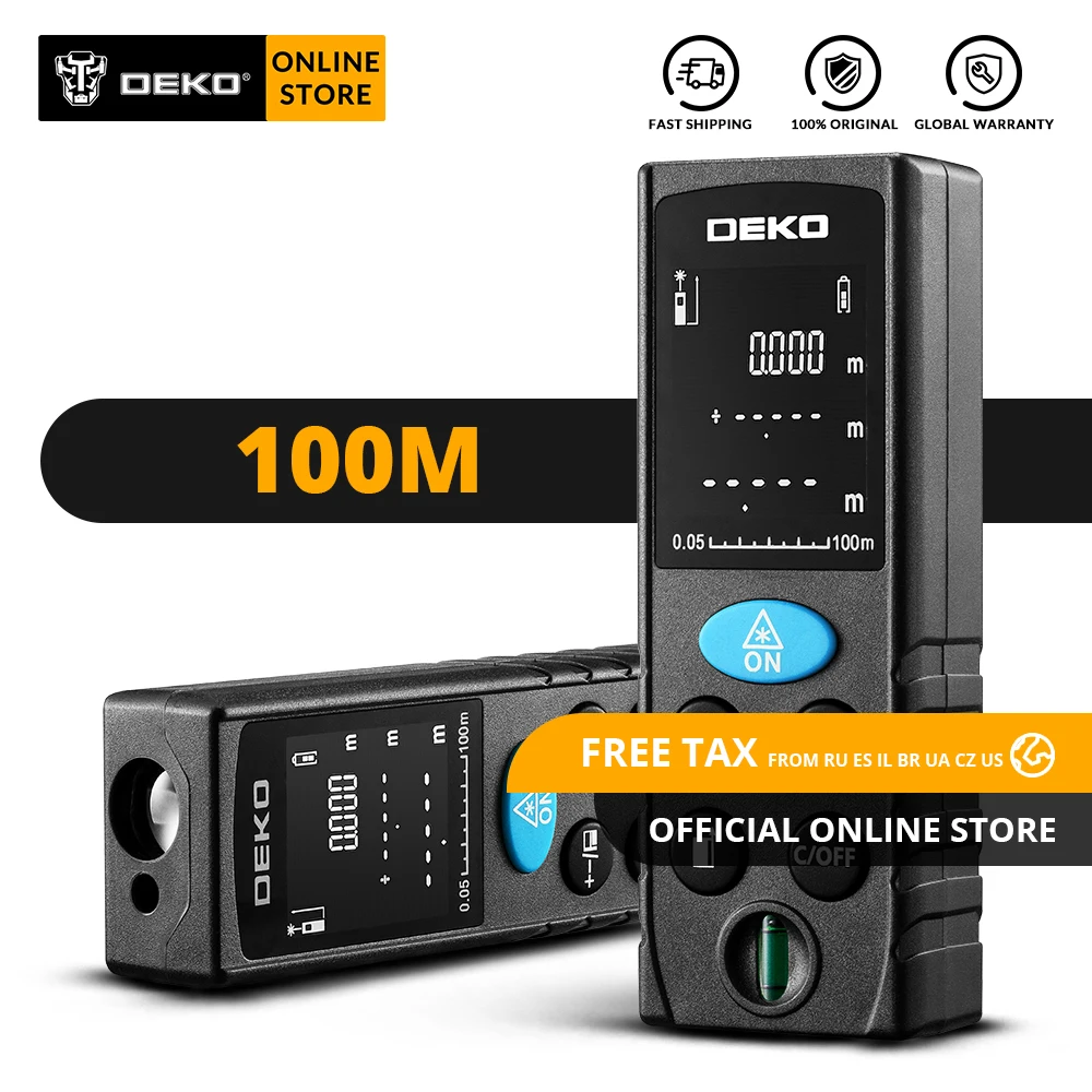 Original DEKO LRD110 Laser Distance Meter 100M Digital Dual Measure Laser Rangefinder Distance/Area/ Volume/Pythagorean