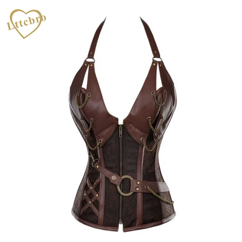 Retro Bustiers Corsets Women Zipper Brown Brocade Steampunk Corset Top With G-string Plus size 3XL-6XL Sexy lingerie Corset set