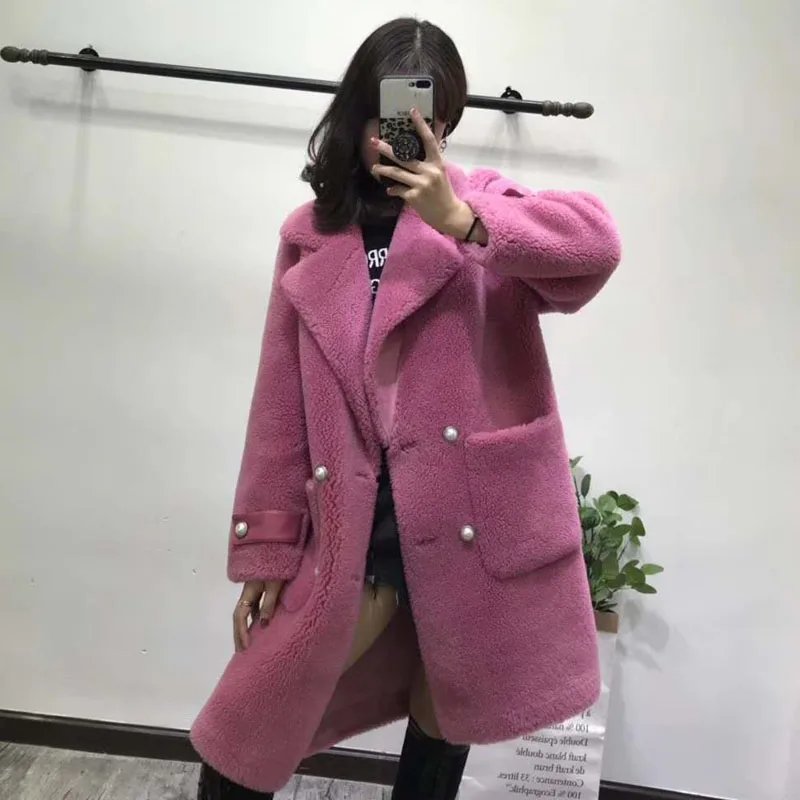 

Long coat sheep fur jacket wool blends 2019 new luxury parka with Pearls winter coat women korean leather jacket plus size
