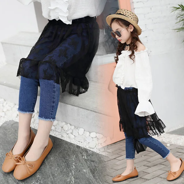 autumn fashion girls jeans with lace skirt 12 years old