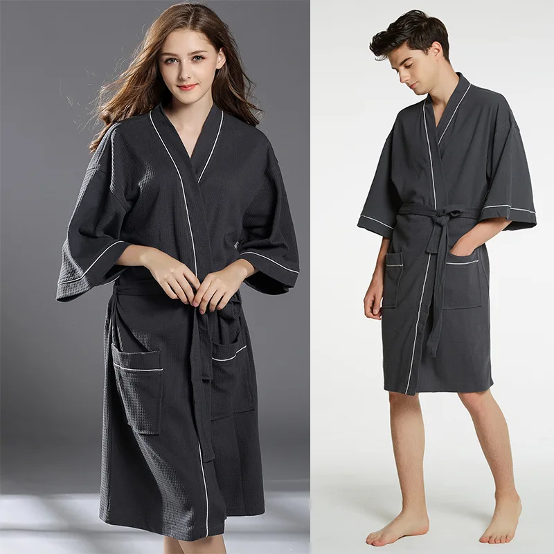 plus size Spring waffle cotton bathrobes women robe men three quarter