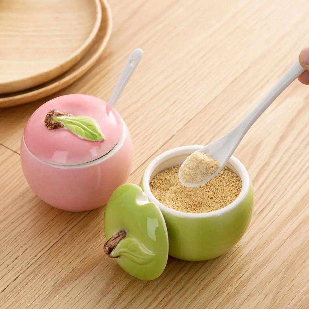 

Apple Shape Ceramics Spice Jar Sugar Bowl Salt Pot Pepper Storage Jar Seasoning Container Condiment Spice Box With Lid And Spoon