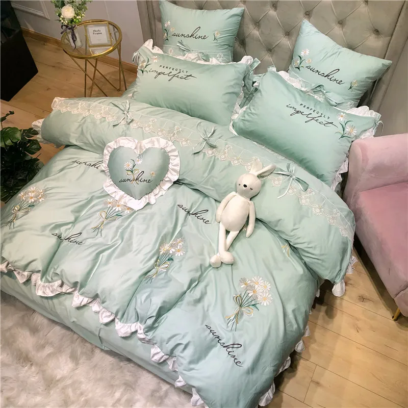 Little Daisy embroidery Bedding Sets girls Beddingset egyptian cotton Bed Linen Duvet Cover Bed Sheet Pillowcase/bed Sets 4/7pcs