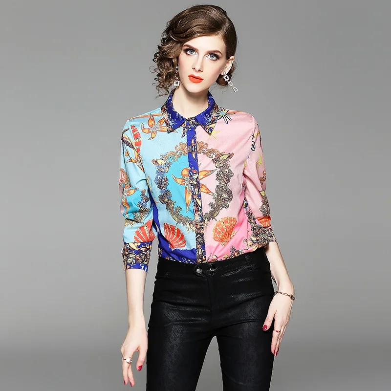 

Elegant Women Blouses Tops Long Sleeve Marine Life Shell Starfish Buttons Office Ladies Shirts Fashion Blouse Woman Shirt