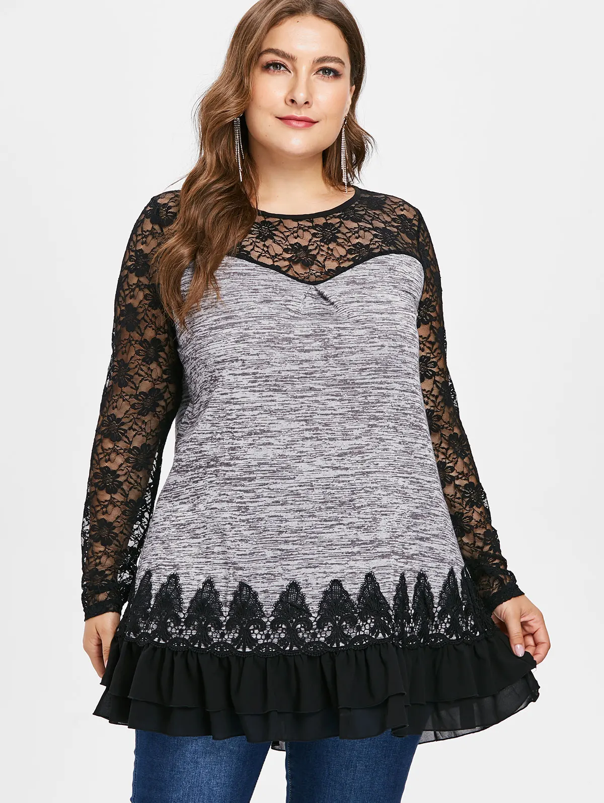 Wipalo Plus Size Sheer Lace Panel Layered Ruffled Marled Tunic T Shirt Casual O Neck Long Sleeve Flounce Tee Top Big 5XL|Футболки| |