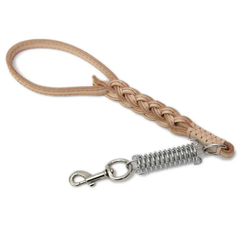 Braided short dog leash, leather and stainless steel spring big dog