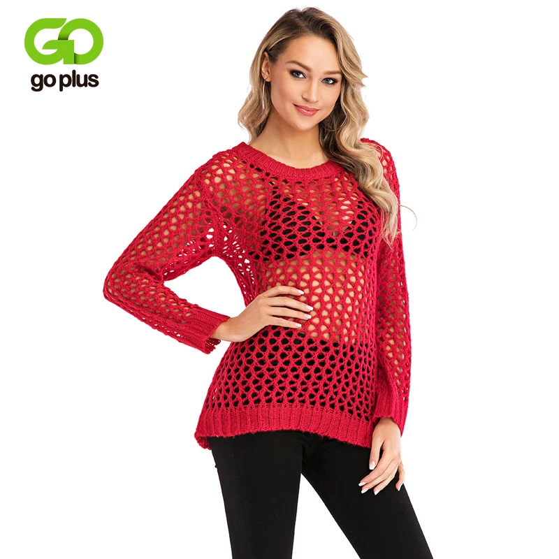 

GOPLUS 2019 Fashion Hollow out Knitted Net Sweater Women Solid Long Sleeve Pullovers Ladies Befree Summer Street Sweater Female