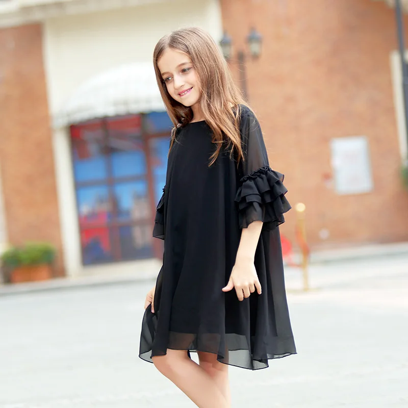 Girls Dress 8 10 12 14 15 years Summer Flare Sleeve Chiffon Black Dress ...