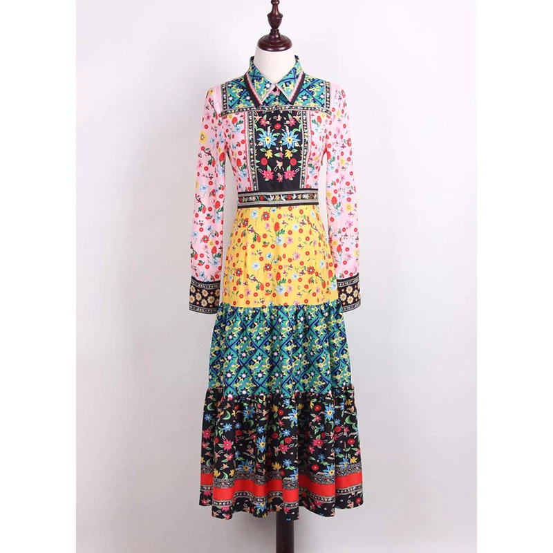 

PERHAPS U women turn dwon collar lace-up bow hit color floral print long sleeve long midi a-line dress elegant D1645