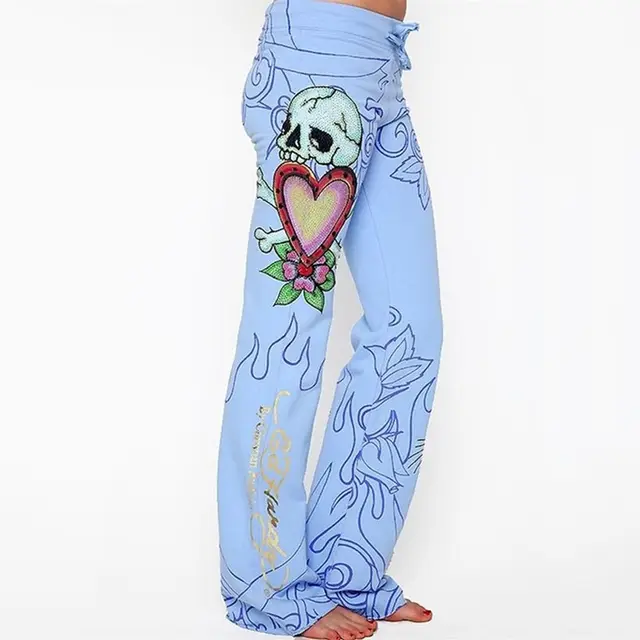 2018 ITFABS New Brand Fashion Sexy Women Casual Baggy Skull Rose Printed Hippie Wide Leg Boho Sexy Ladies Retro Stylish Pants -