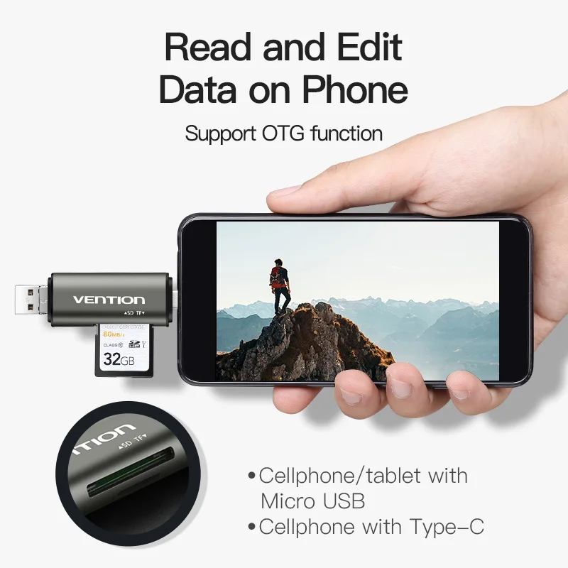 Vention Micro SD кард-ридер адаптер type C Micro USB SD карта памяти адаптер для MacBook ноутбука USB 3,0 SD/TF OTG кард-ридер