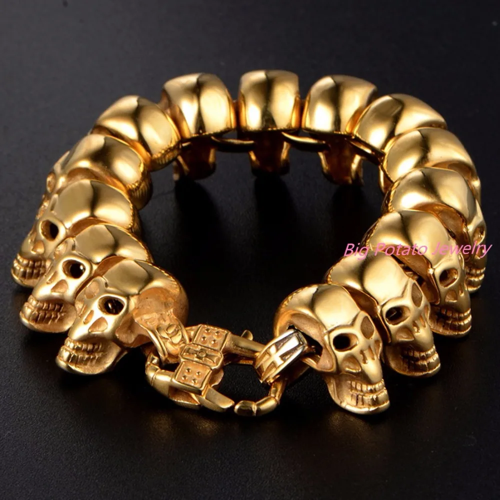New Stainless Steel Skull Bracelet Mens Jewelry Wholesale Gold Color