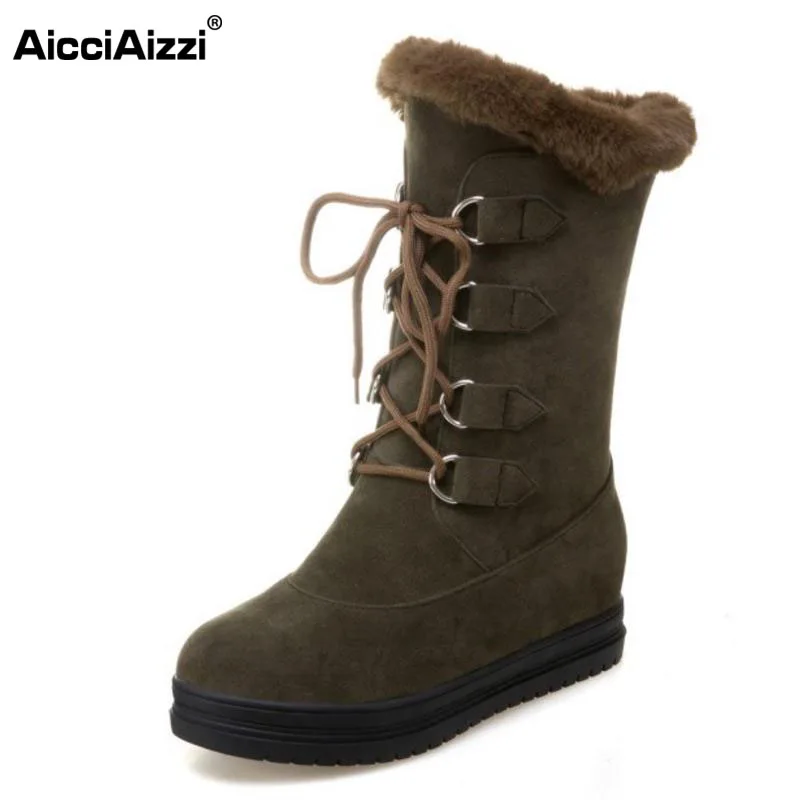 

AicciAizzi Increased Snow Boots Women Crossed tied Thick Fur Warm In Winter Botas Fashion Platform Female Footwear Size 34-43