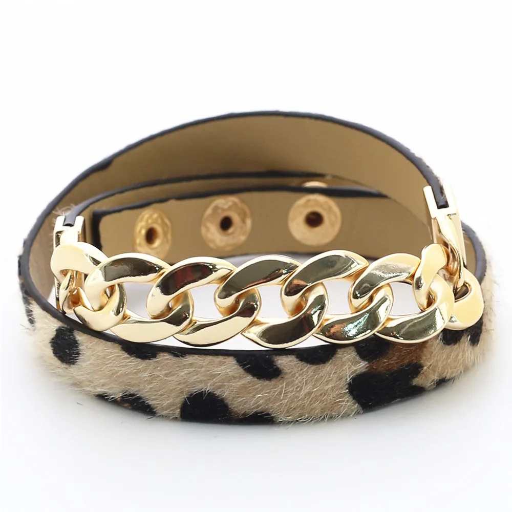 

Multilayer Chain Leopard Bangle Female Unique Design Fashion Alloy Leopard Print Wide Leather Bracelets Women Wedding Jewelry