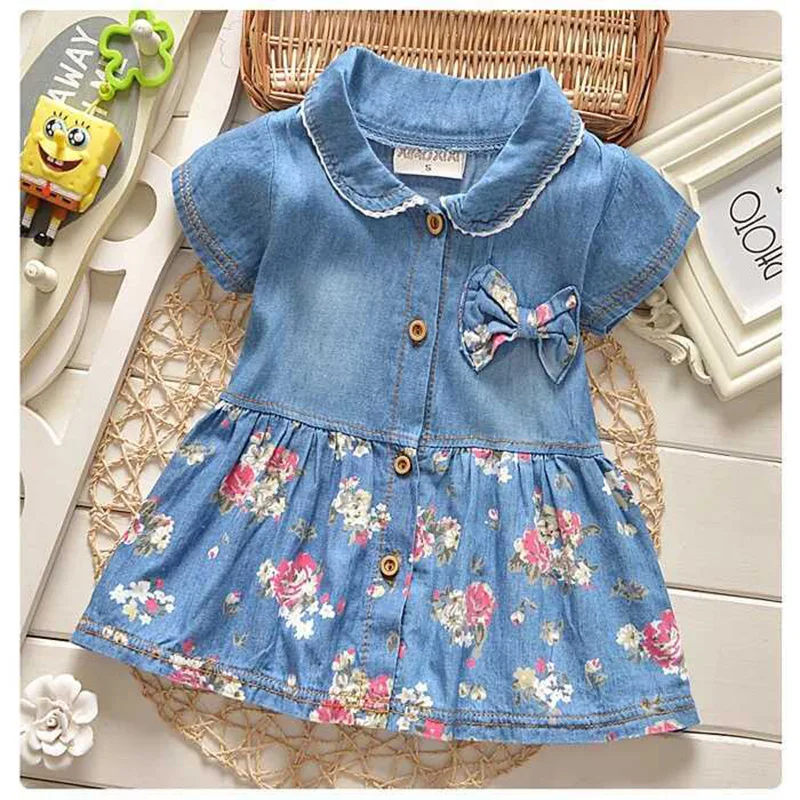 Jean Dress Toddler Baby Girls Dress Floral Short Sleeve Bowknot Denim Sundresses