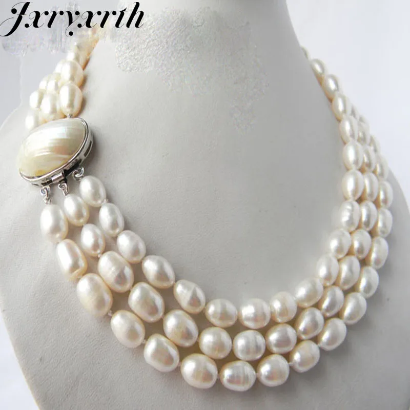 

2018New Women's fashion 3Strands 18'' 9.5mm White Rice Freshwater Pearl Necklace AAA919