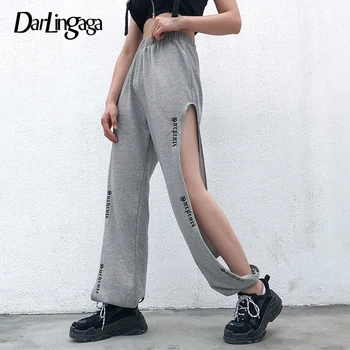 

Darlingaga Streetwear Loose Summer Pants Women Sweatpants Letter Embroidery High Waist Pants Trousers Side Split Casual Bottoms