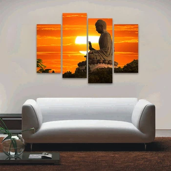 

Oil Painting 4 Panels Pattern Of Buddha In The Background Of Sunrise Unframed Canvas Printed Oil Paintings For Bedroom