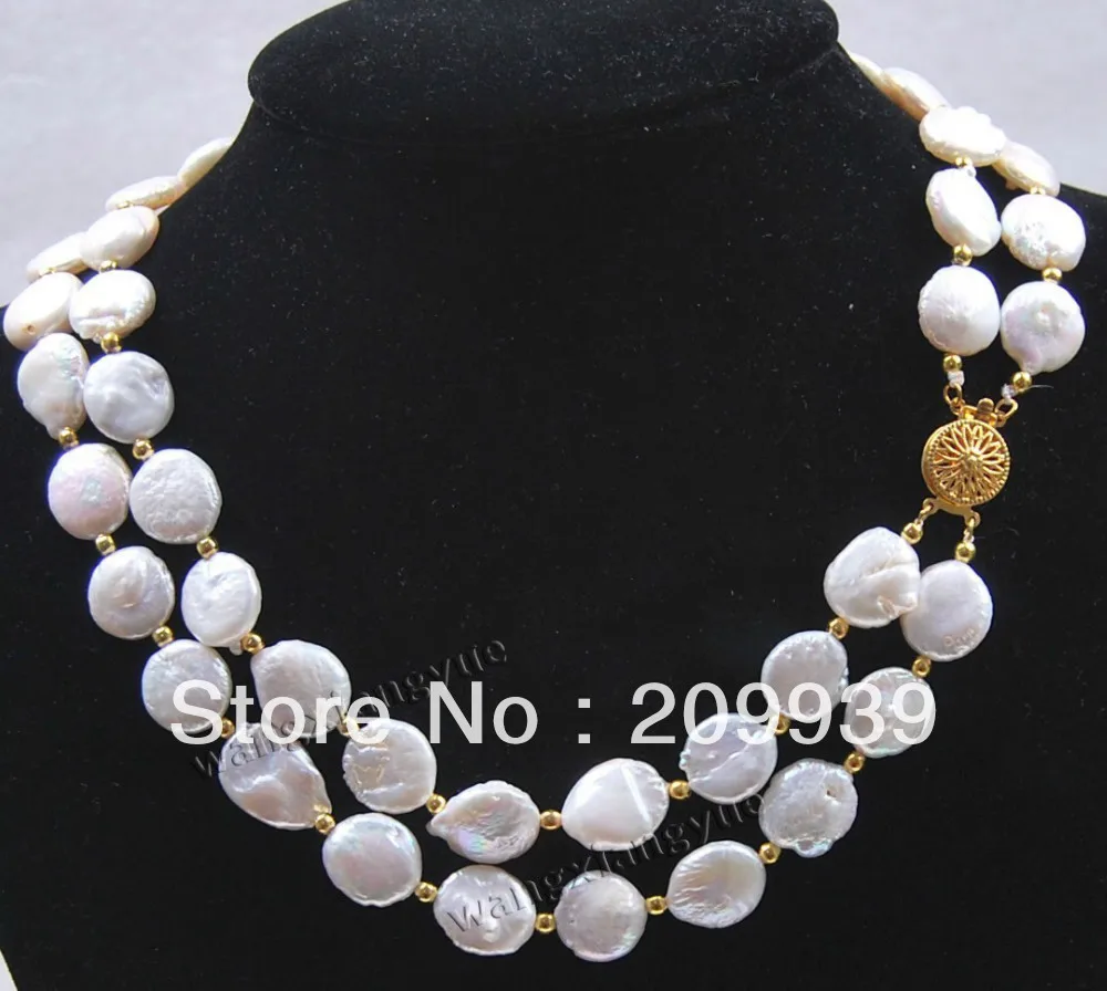 

free shipping 001182 2Rows Coin Shape White Akoya Cultured Pearl Necklace / GP Clasp