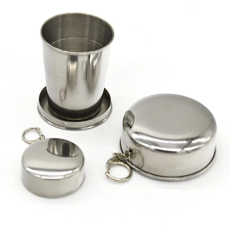 Camping Mug Folding Cup With Keychain Stainless Steel Traveling Outdoor Bottel Telescopic Collapsible Cups Supplies Top Selling