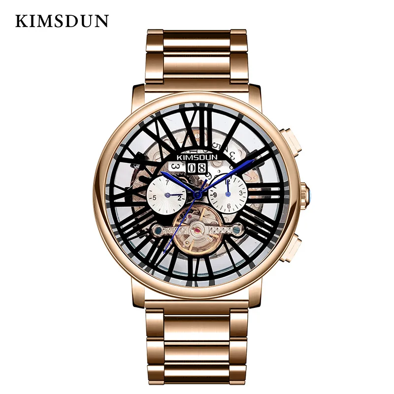 

KIMSDUN mechanical watch men automatic Hollow Tourbillon rose gold watches Round 3Bar waterproof Week Display Reloj de hombre
