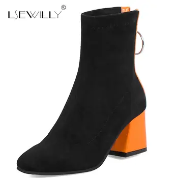 

Lsewilly Winter mixed color ankle boots women thick high heels Chelsea boots ladies patchwork winter zipper martin boots S851