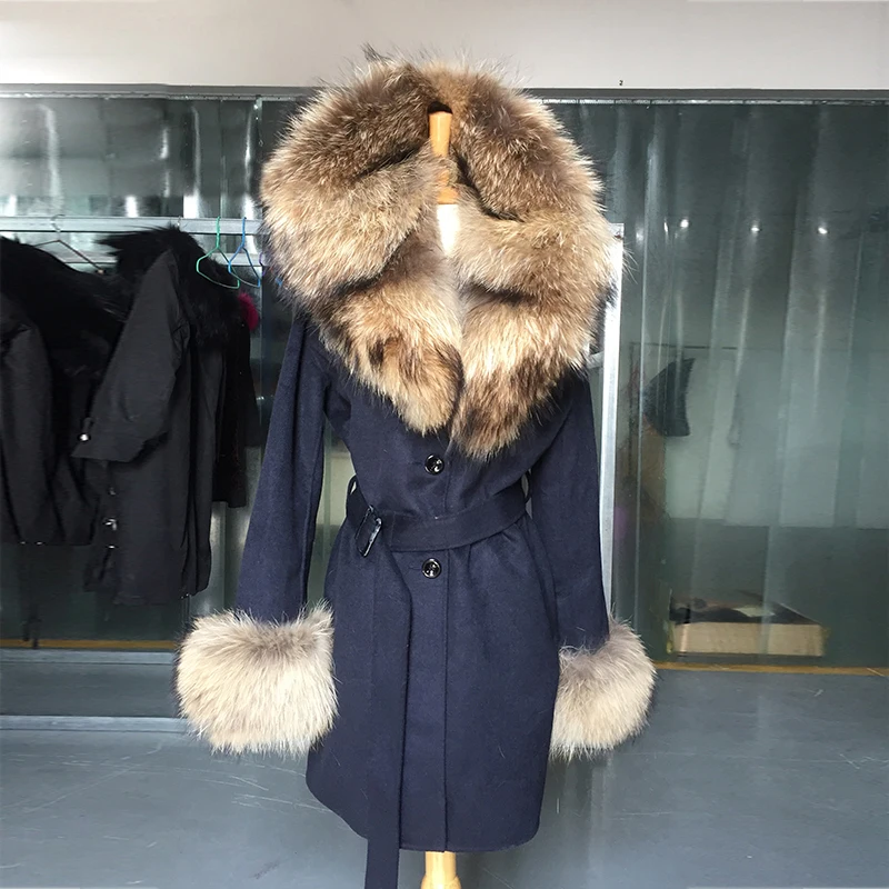 New Nature Raccoon Fur Collar Overcoat Women Winter Outerwear Long Woolen Coat Fashion Female Jacket Real Fur Hooded Coat