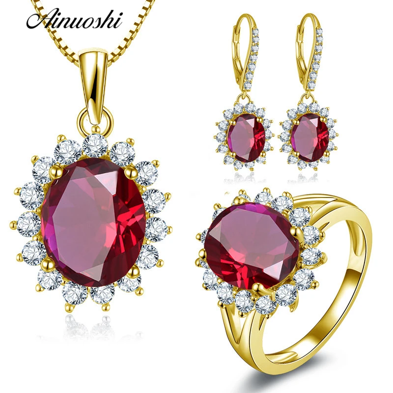 

AINUOSHI 10K Solid Yellow Gold Jewelry Set Oval Cut Red Pendant Halo Ring Drop Earrings Luxurious Wedding Women Jewelry Set Gift