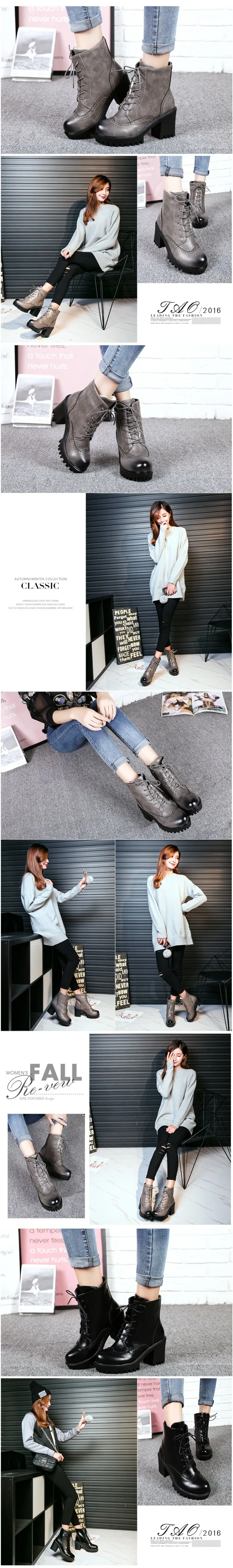Retro Women Black Lace Up High Heeled Ankle Martin Boots Gray Brown Cheap Chunky Heel Platform Shoes 8cm1