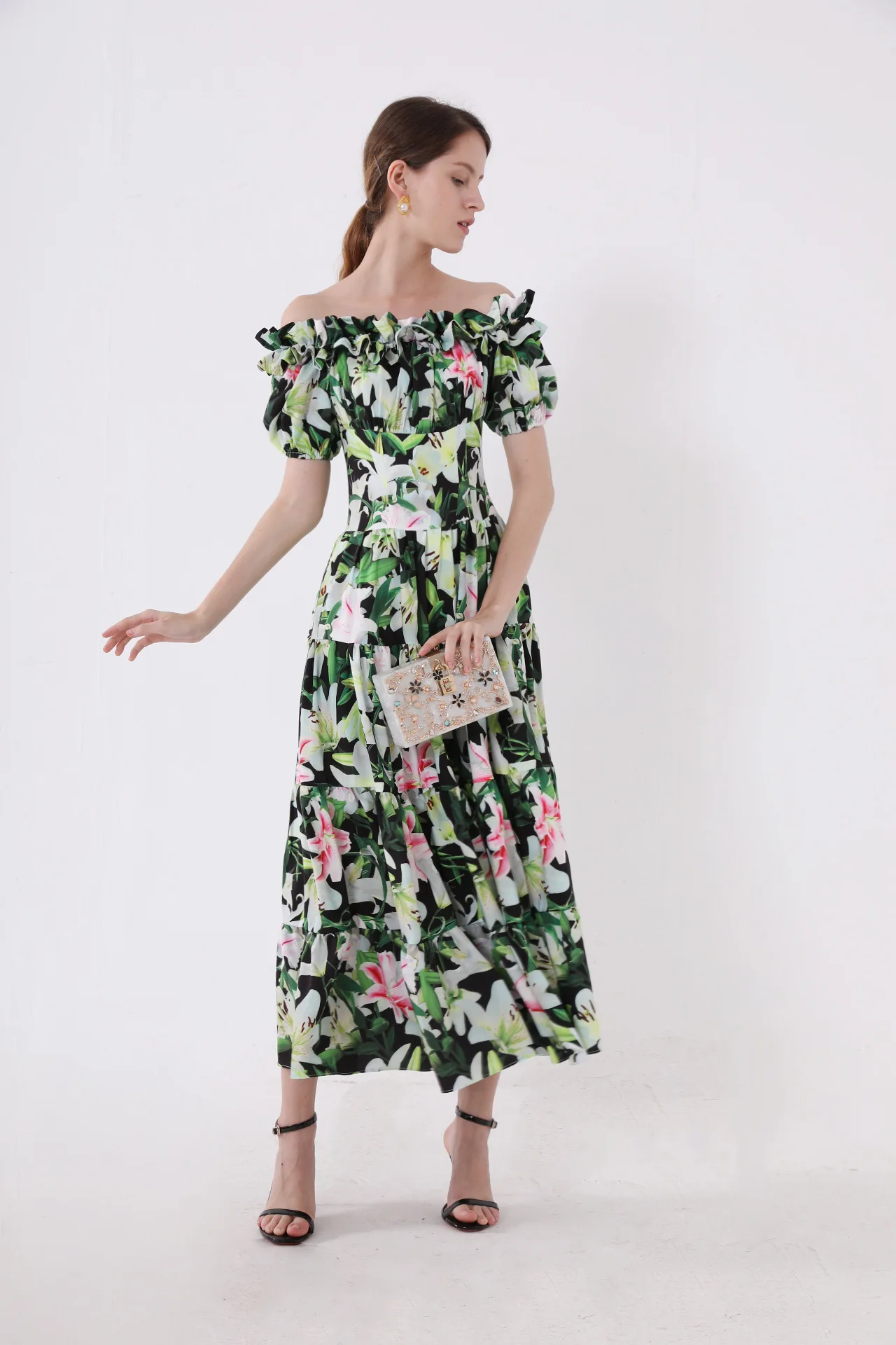 Новинка Boho женское длинное платье макси с цветочным принтом летнее женственное пляжное платье для отдыха платья с оборками сексуальное с открытыми плечами