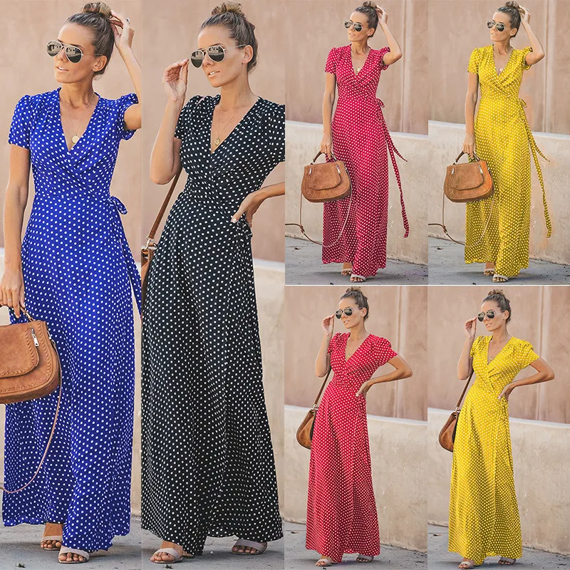 

Summer Sexy Elegant Long Dress Casual Dress Women Point Dot V-Neck Short Sleeve Maxi Dresses