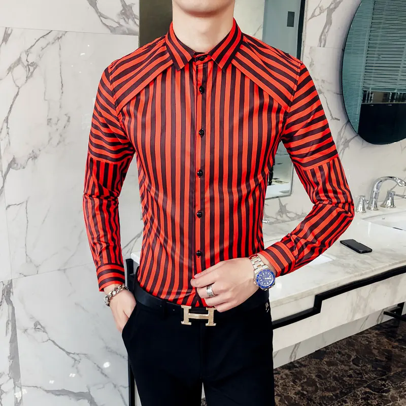 Men's Contrast Vertical Striped Dress Shirts High quality Comfortable