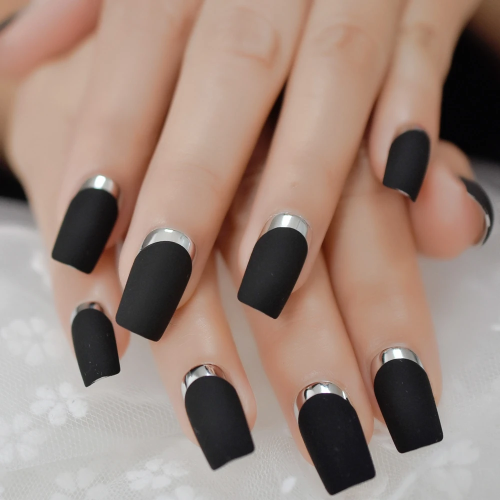  Matte Square Fake Nails Medium Long Size French Moo Nail Silver Metallic ABS Fingernails 24 count