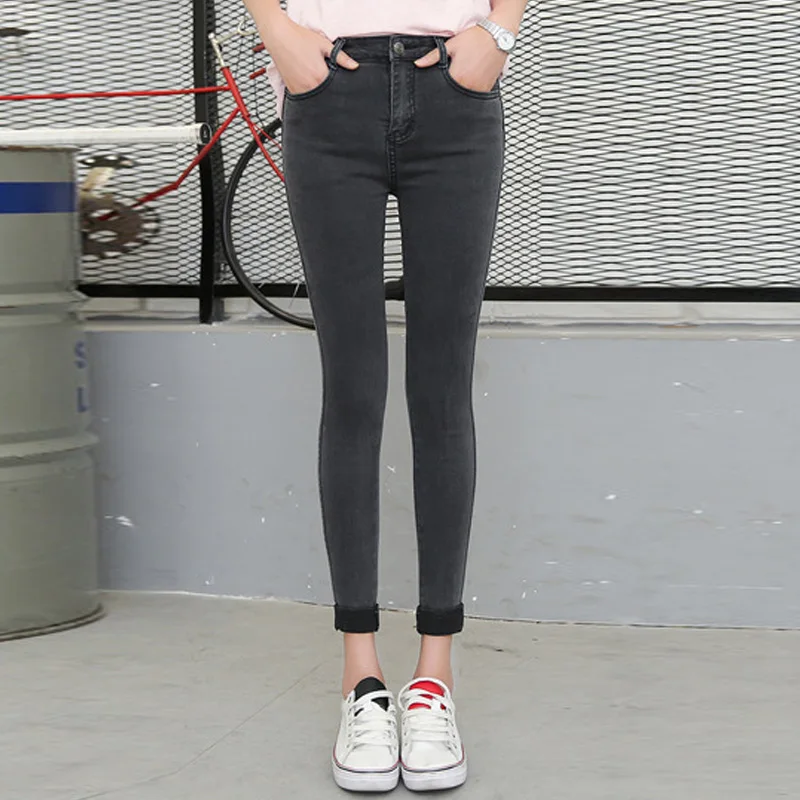 2017 Spring Autumn Ankle Length Cuffs Black Jeans Women